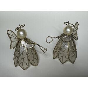 Vintage Capiz Shell Angel Figurines Set of 2 Brass Wire Stained Glass 4.5" Pearl